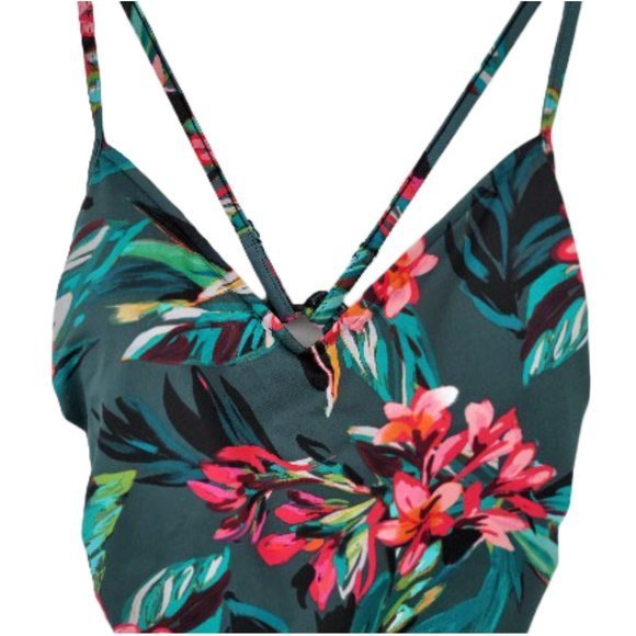 Aqua Green Floral One‎ Piece Green Pink Open Back Swimsuit Womens X Large 16 18 - Picture 2 of 5